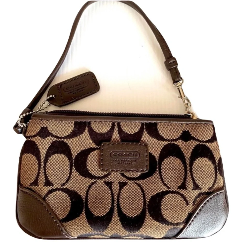 Coach Wristlet Purse Luxury Signature Monogram Classic CC Print Neutral Brown